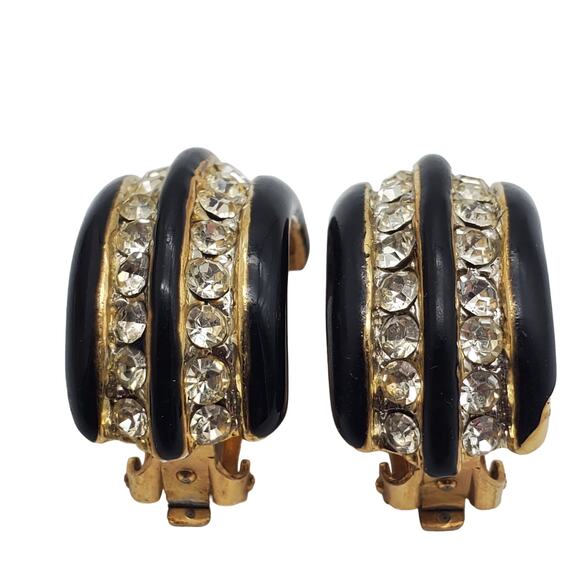 Black Gold Half Hoop Earrings Clip On Enamel Rhinestone Donald Stannard Vintage - Picture 2 of 5